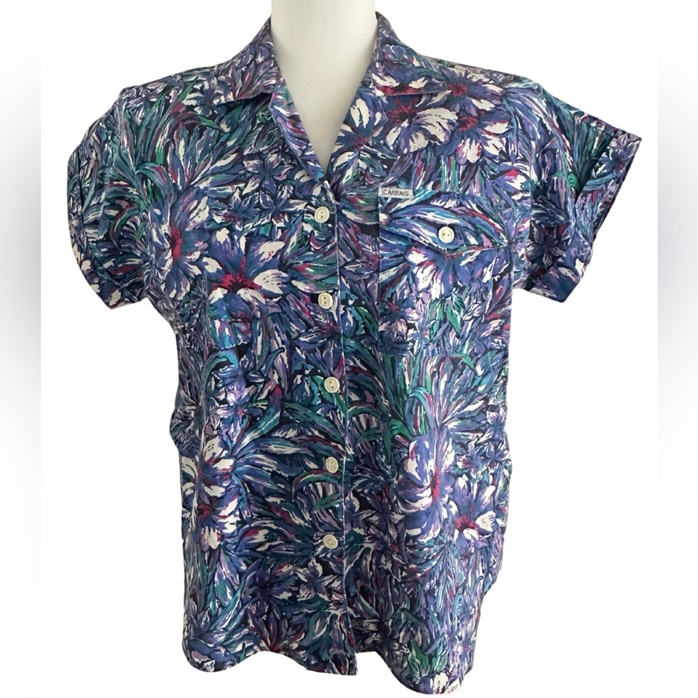 Cabrais Vintage Button Front Floral Short Sleeve Blouse I 12